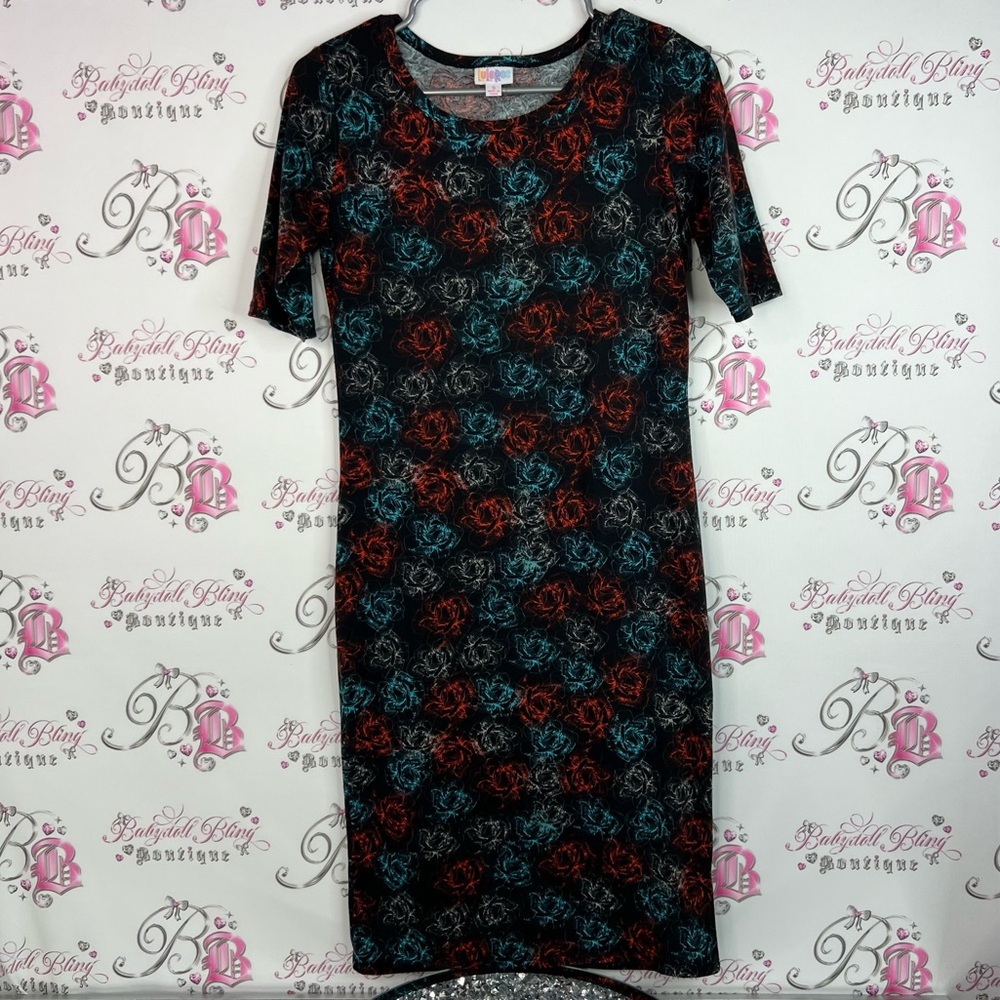 LuLaRoe dress roses pattern flowers Black Dress with Red Blue Floral Pattern